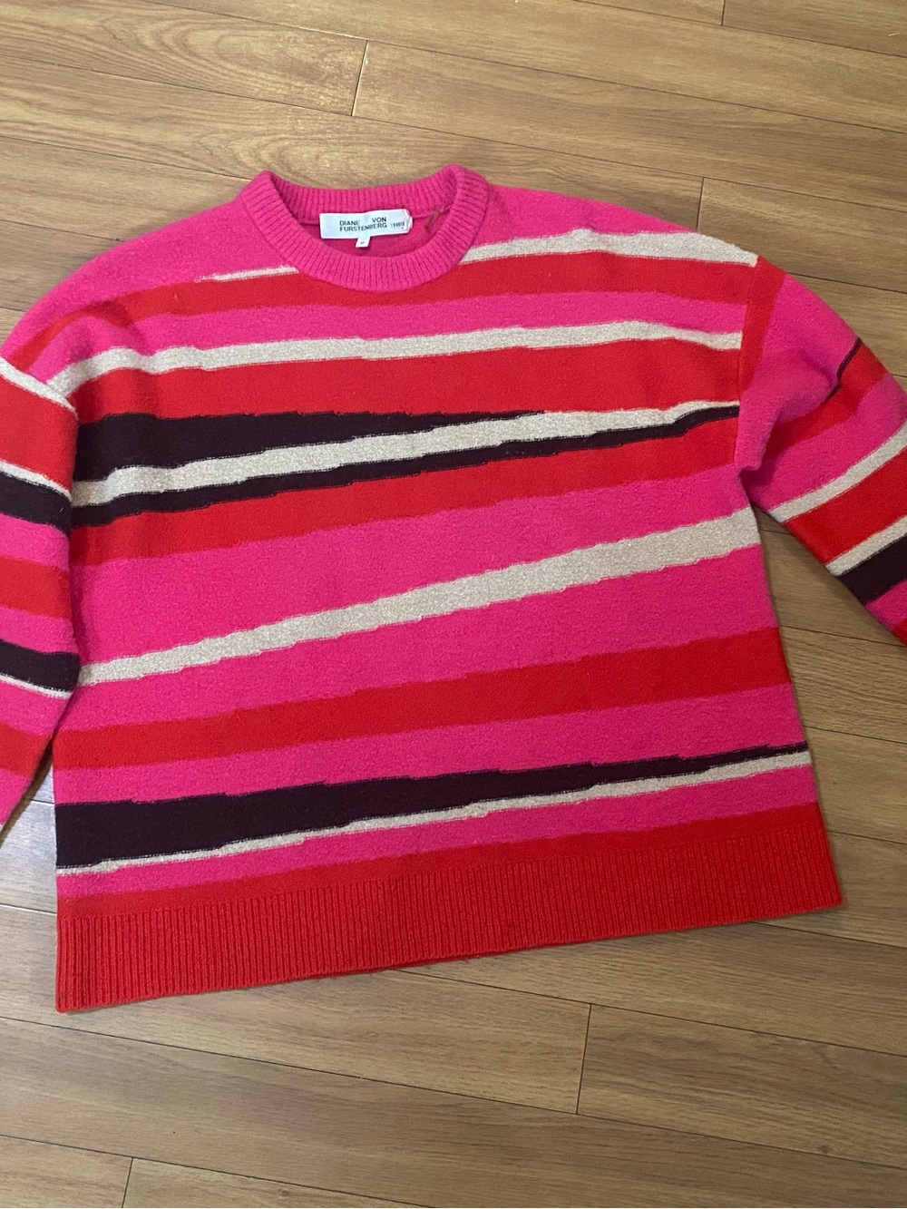 Diane Von Furstenberg Pink, Red & Cream Striped Crewneck Sweater